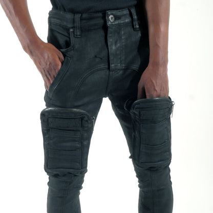 Zip cargo denim pants / flared Waxed Black by Vicious - 1