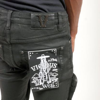 Zip cargo denim pants / flared Waxed Black by Vicious - 3