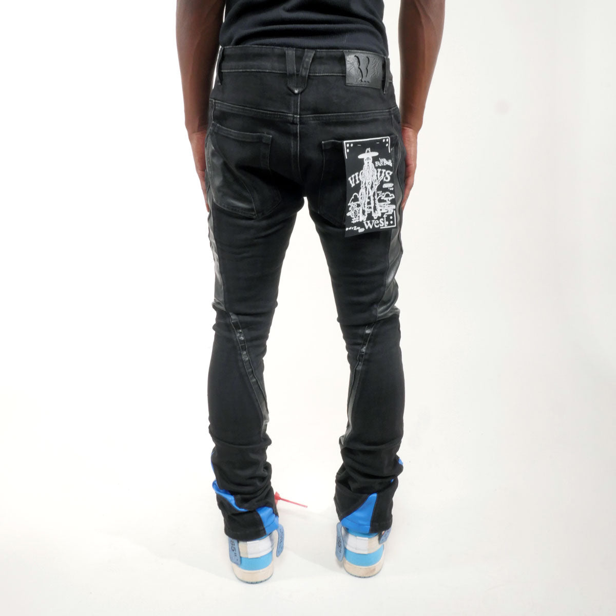 Stack denim w/ leather cut & sew details Black by Vicious - 5
