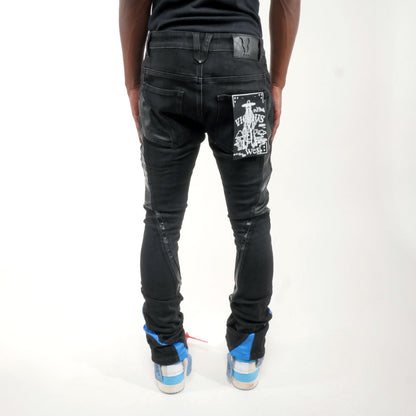 Stack denim w/ leather cut & sew details Black by Vicious - 5