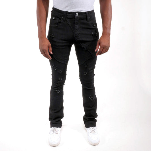 Rip & repair flare denim pant w/ metal ring details Black by Vicious - 0