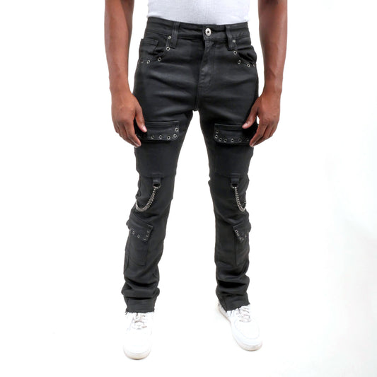 Wax coated cargo flare denim pant w/ side chains Black by Vicious - 0
