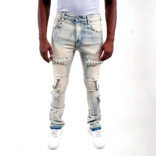 Flare fit denim pant w/ stone details + chains Light Blue by Vicious - 0