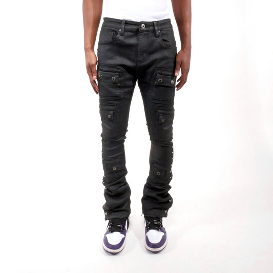 Studded warrior cargo flare fit denim pant Coated Black by Vicious - 0