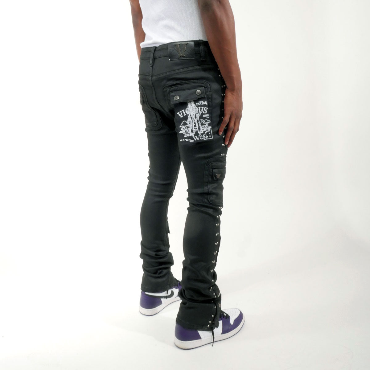 Studded warrior cargo flare fit denim pant Coated Black by Vicious - 2