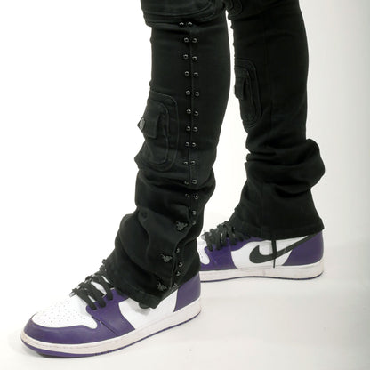 Studded warrior cargo flare fit denim pant Jet Black by Vicious - 2