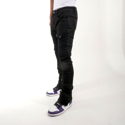 Studded warrior cargo flare fit denim pant Jet Black by Vicious - 4