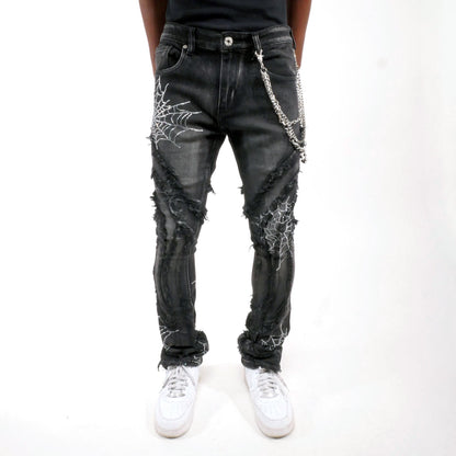 Stack denim pant w/ studded spider webs Black by Vicious - 0