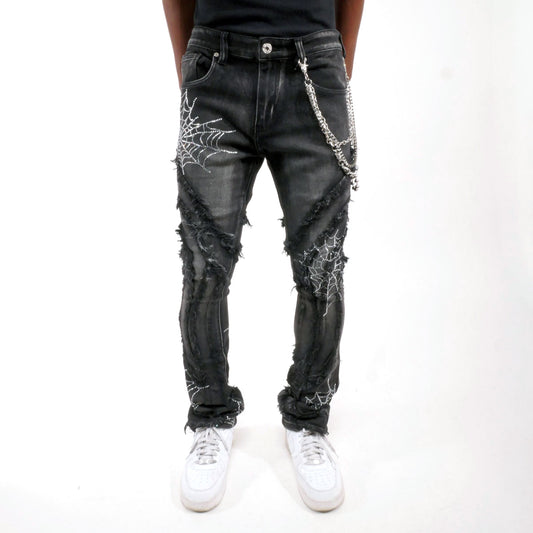 Stack denim pant w/ studded spider webs Black by Vicious - 0