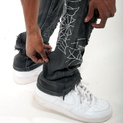 Stack denim pant w/ studded spider webs Black by Vicious - 2