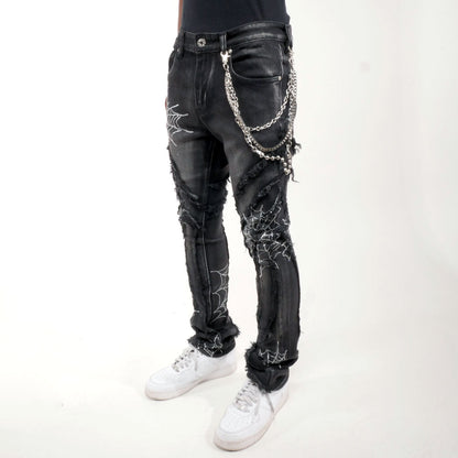 Stack denim pant w/ studded spider webs Black by Vicious - 5