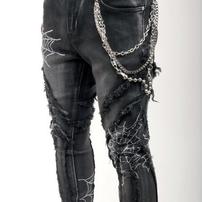 Stack denim pant w/ studded spider webs Black by Vicious - 6