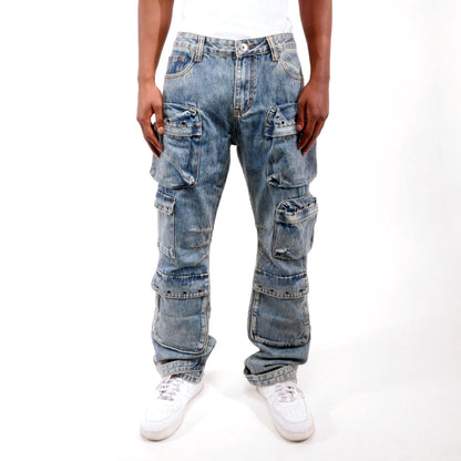 Multi cargo baggy fit denim pant Light Blue by Vicious - 0