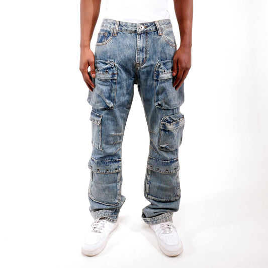 Multi cargo baggy fit denim pant Light Blue by Vicious - 0