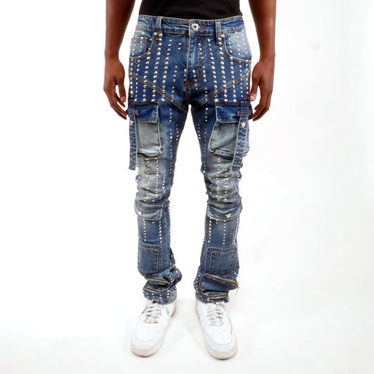 Silver studded muti cargo flare denim pant Medium Blue by Vicious - 0