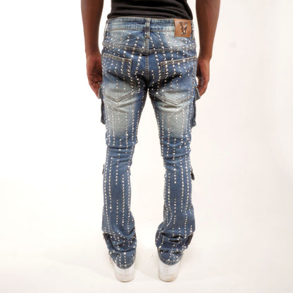 Silver studded muti cargo flare denim pant Medium Blue by Vicious - 1