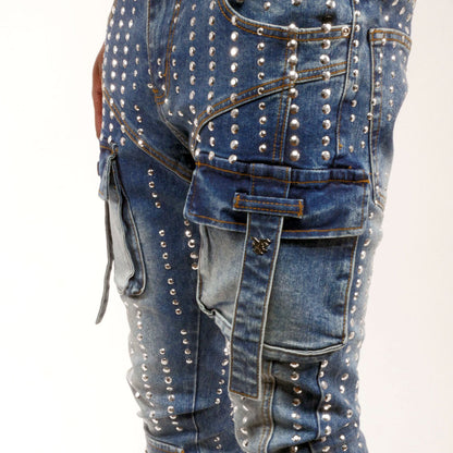 Silver studded muti cargo flare denim pant Medium Blue by Vicious - 4
