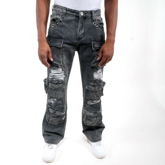 Multi cargo rip & repair western fit denim pant Black by Vicious - 0
