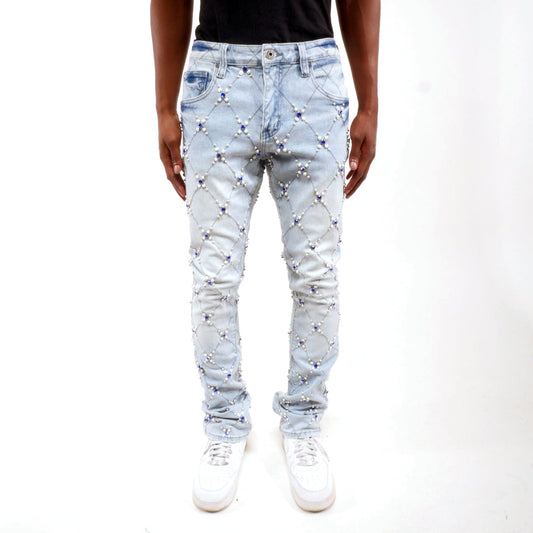 Rhinestone embellished flare denim pant Light Blue by Vicious - 0