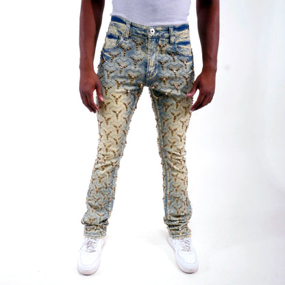 Embellished stone flare denim pant Light Blue by Vicious - 0