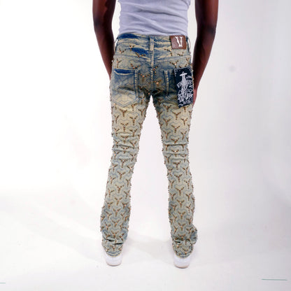 Embellished stone flare denim pant Light Blue by Vicious - 1