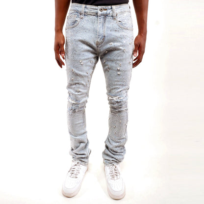 Embellished rhinestone flared denim pant Light Blue by Vicious - 0