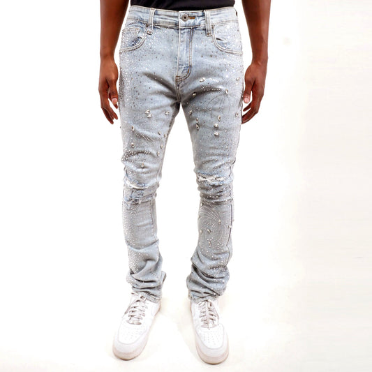 Embellished rhinestone flared denim pant Light Blue by Vicious - 0