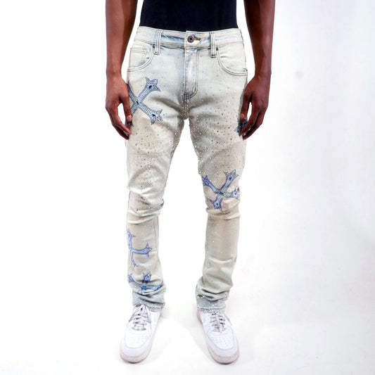 Embellished rhinestone flare denim pant Light Blue by Vicious - 0