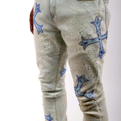 Embellished rhinestone flare denim pant Light Blue by Vicious - 2