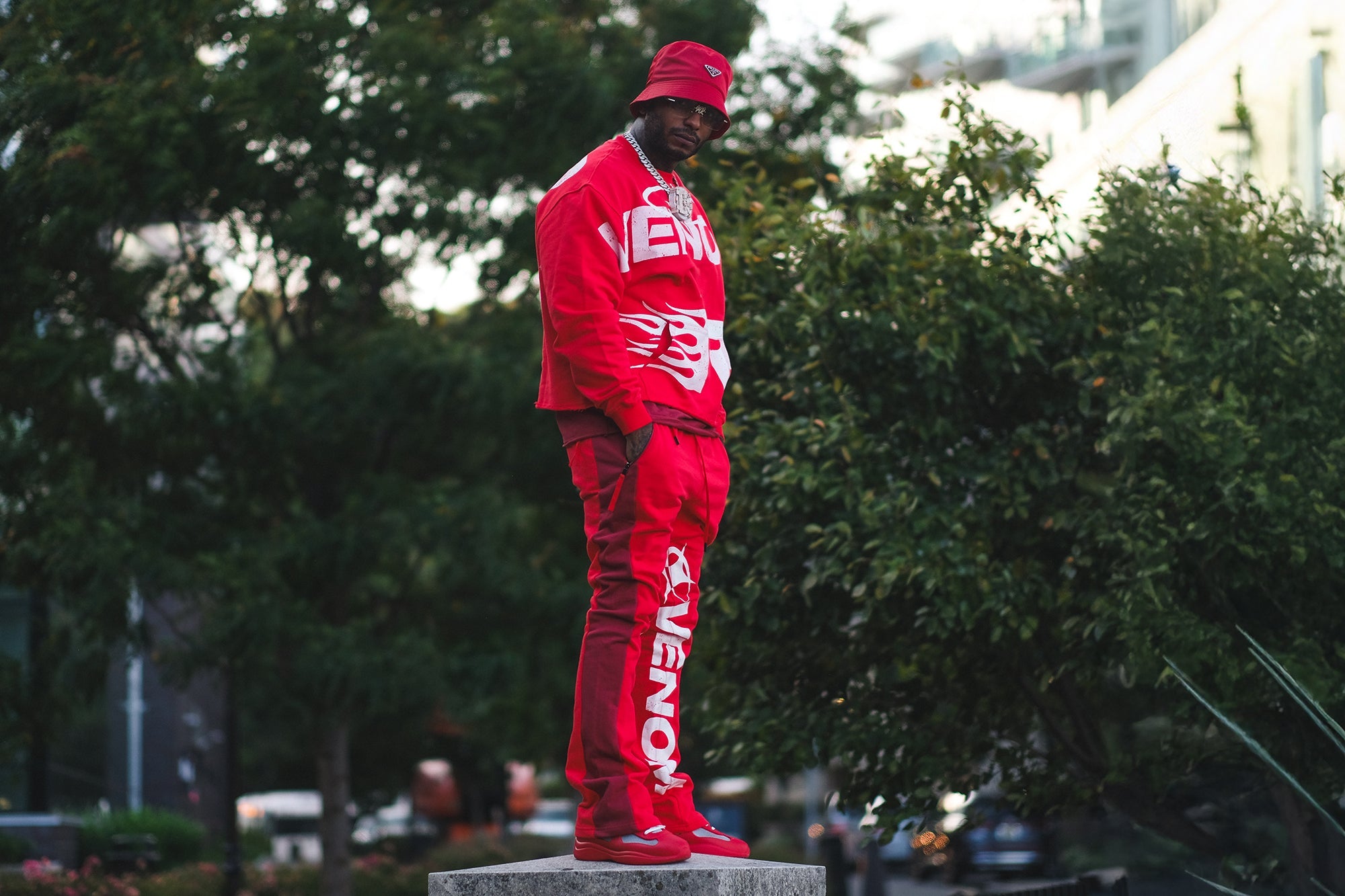 Men wearing a matching a red streetwear Matching Set : coordinated tops and bottoms for men and women